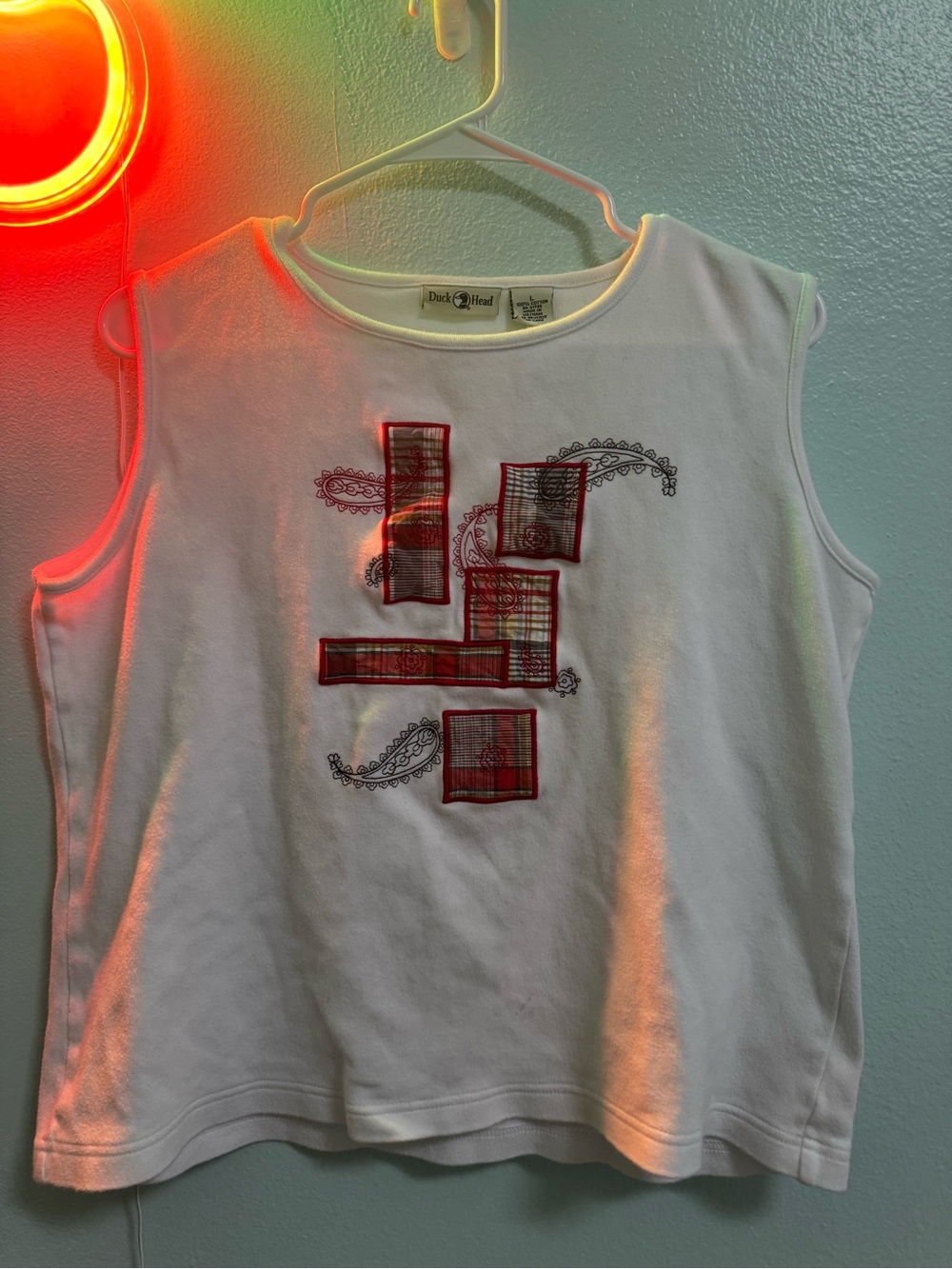 Duck Head White Girls' Sleeveless Tank with Red Plaid Patchwork